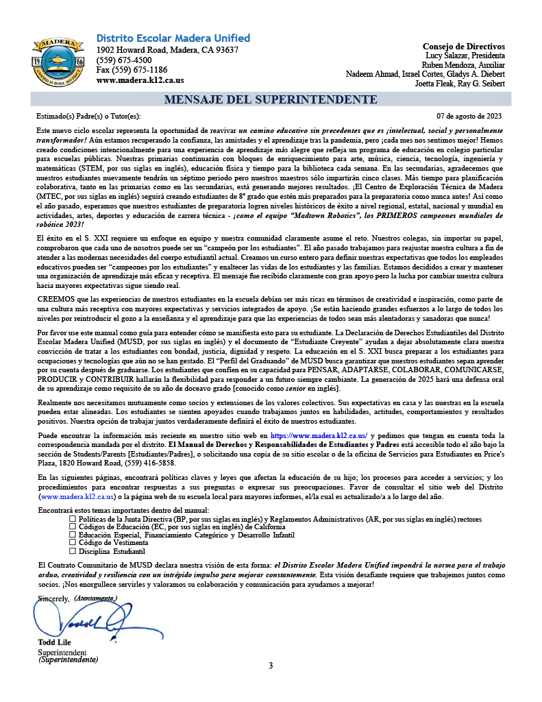 Superintendent Message in Spanish Superintendent Message in Spanish